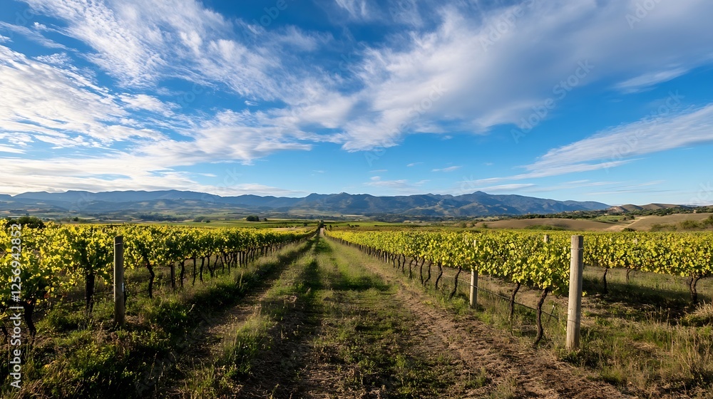Fototapeta premium Expansive vineyard landscape showcasing lush green vines under a bright blue sky with clouds : Generative AI