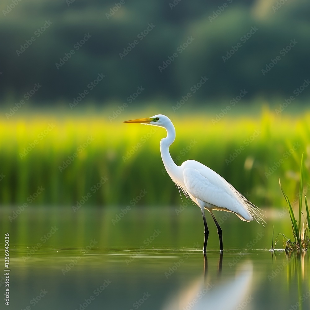 Fototapeta premium Elegant Great Egret Stands Gracefully in Serene Wetland Landscape