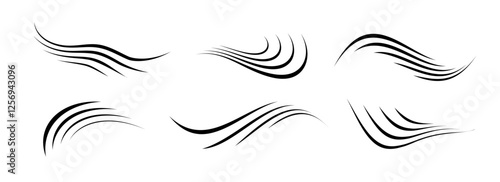 Flowing wind motion line set. Air wave shape collection. Blowing hurricane, breeze or storm lines concept. Black swirls, curves and spirals bundle. Vector air movement and gust symbol pack