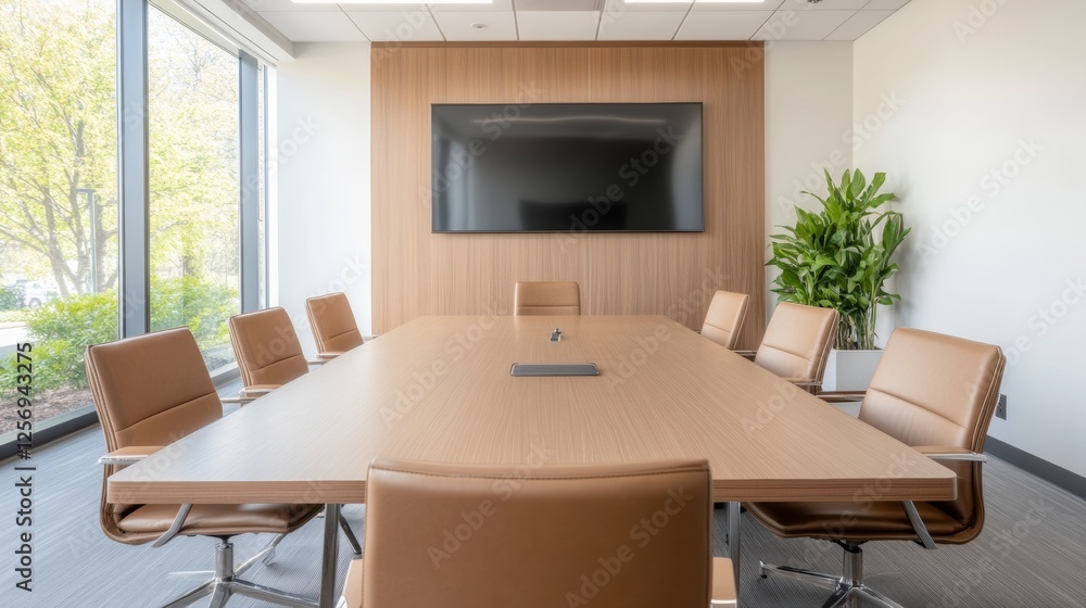 Modern Conference Room with Brown Chairs and Large Screen Display Modern Conference Room with Brown Chairs and Large Screen Display