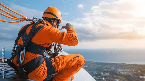 Focused offshore maintenance technician fully suited in orange PPE and a safety harness ensuring the wind turbine s electrical systems function correctly despite the ocean rain outside photo