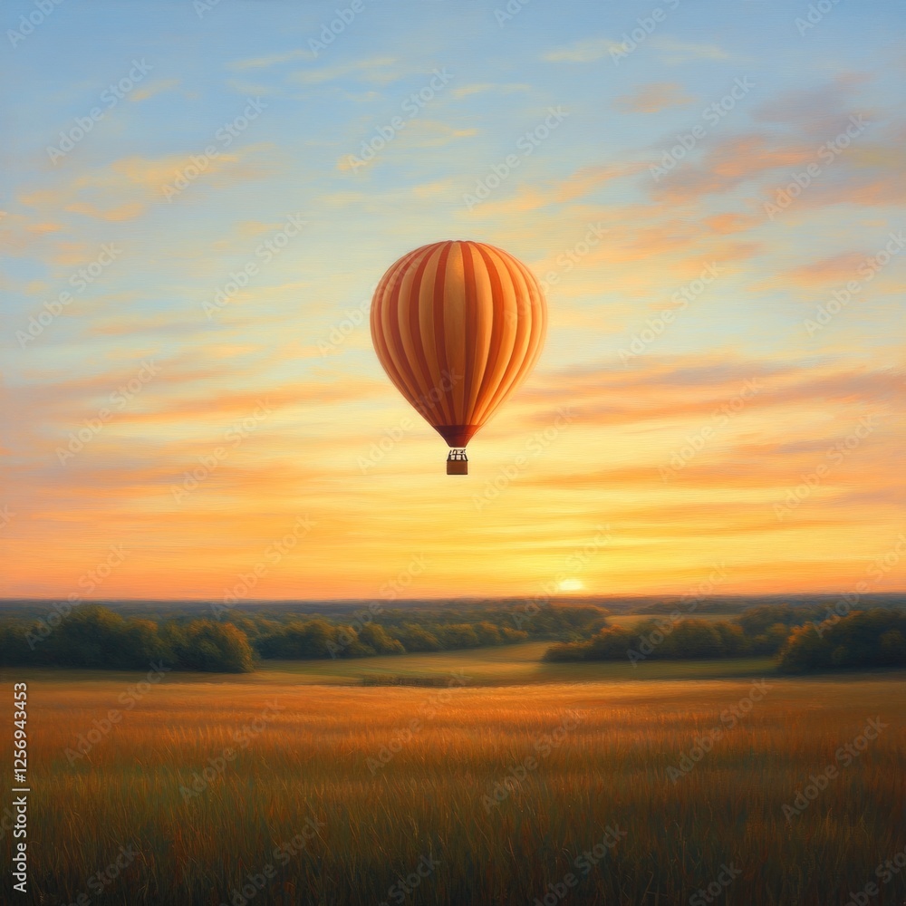 Fototapeta premium Hot Air Balloon Floating Over Serene Sunrise Landscape in Gentle Sky