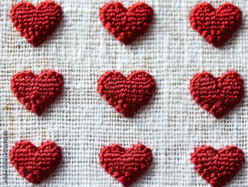 Red Crochet Hearts on White Woven Fabric Texture photo