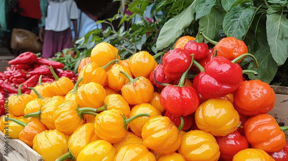 Vibrant display of assorted peppers in a bustling market scene, showcasing fresh produce and local shoppers Vibrant display of assorted peppers in a bustling market scene, showcasing fresh produce and local shoppers