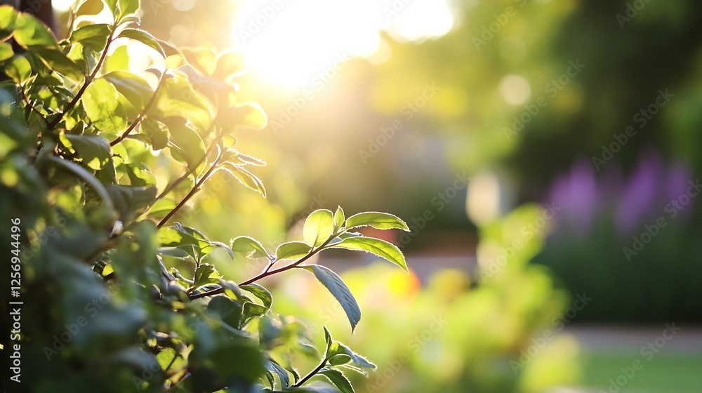 Obraz premium Close Up of Fresh Green Leaves Glowing in Soft Sunshine in Urban Garden : Generative AI