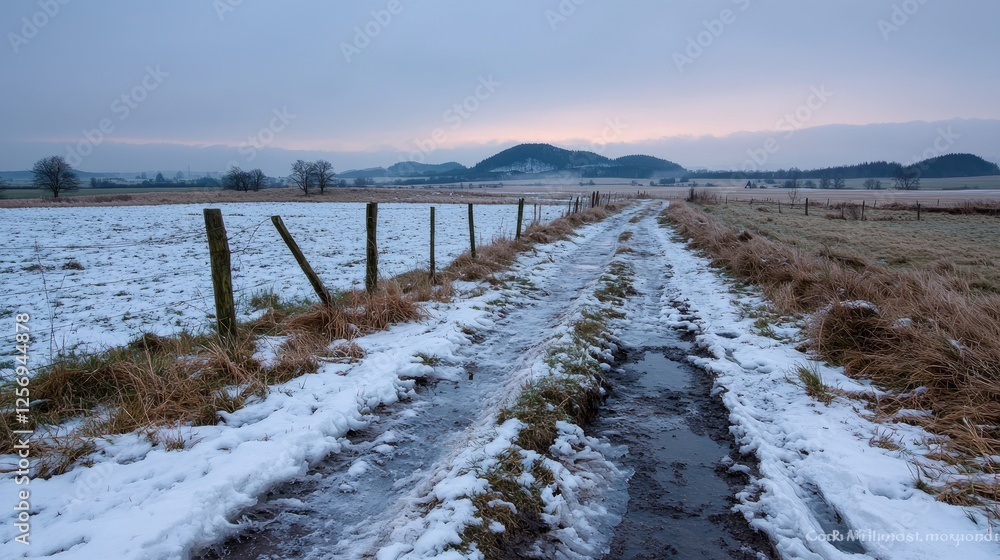 Snowy Country Road at Dawn. Peaceful rural landscape. Possible use Stock photo for nature, travel, or winter themes Snowy Country Road at Dawn. Peaceful rural landscape. Possible use Stock photo for nature, travel, or winter themes