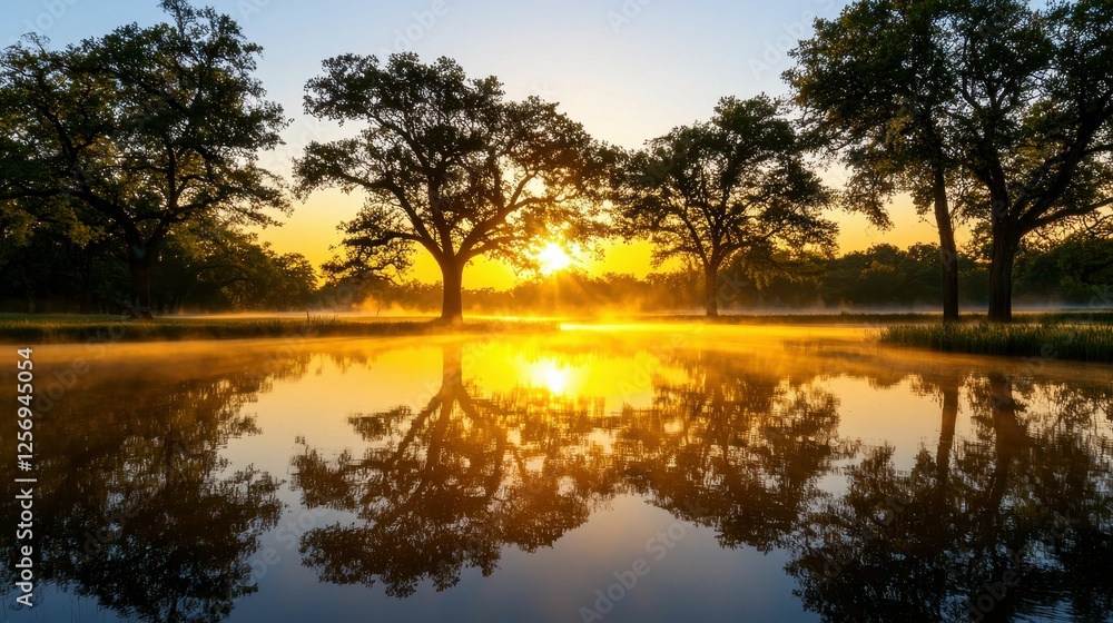 Obraz premium Serene sunrise over tranquil water and trees.