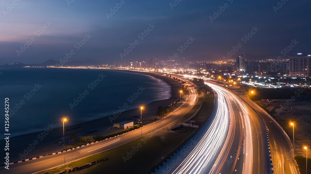 Stunning coastal view at dusk showcasing urban lights and moving traffic along the shore : Generative AI Stunning coastal view at dusk showcasing urban lights and moving traffic along the shore : Generative AI