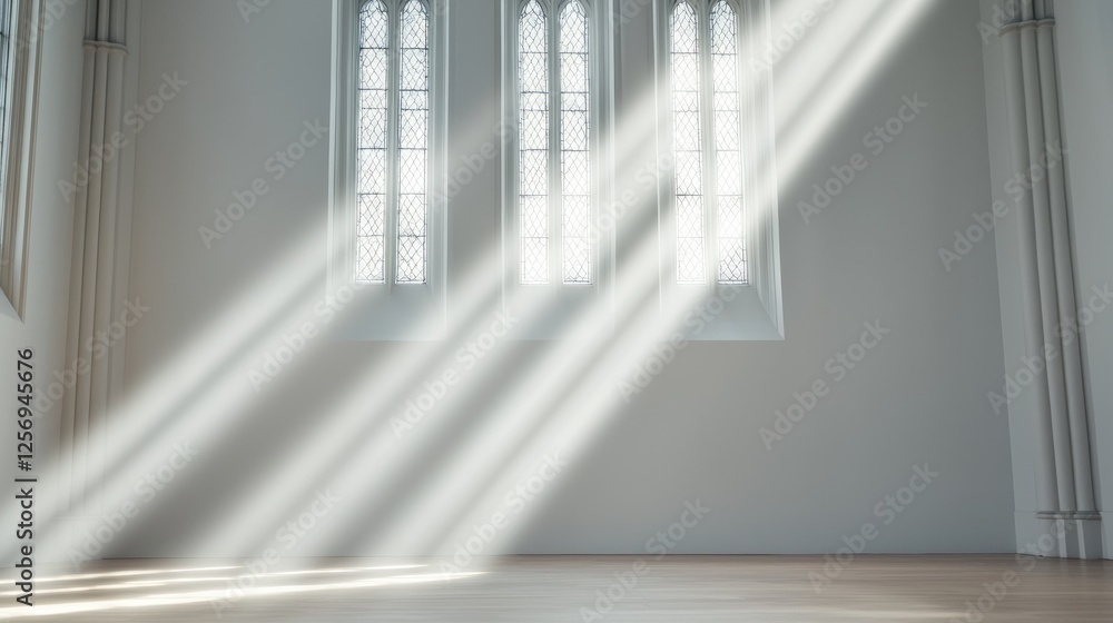 Obraz premium Sunlight streams through church windows, illuminating empty interior; peaceful meditation space