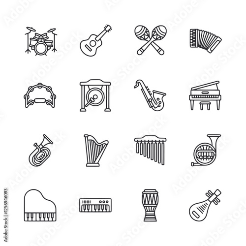 A set of musical symbols including a piano, a drum, a guitar, and a tambourine