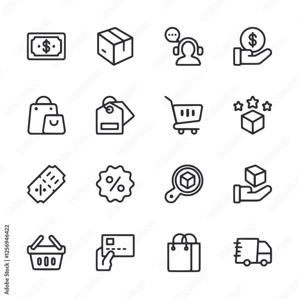 A set of shopping icons including a shopping cart, a box, a hand A set of shopping icons including a shopping cart, a box, a hand