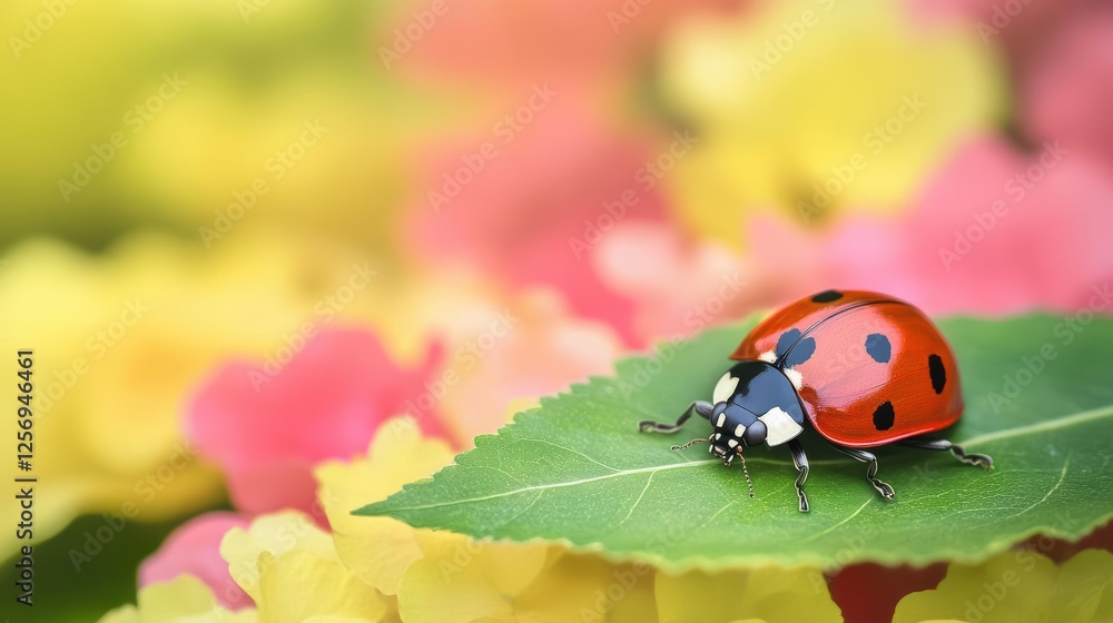 Fototapeta premium Ladybird perched on a green leaf in natural outdoor environment during sunny day