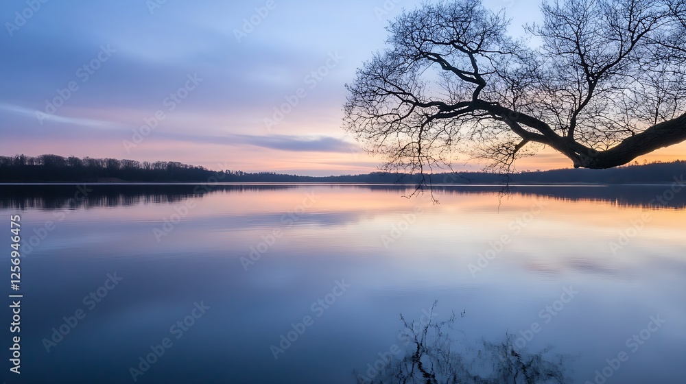 Tranquil Sunset Reflected in a Serene Lake with Silhouetted Tree Branches : Generative AI Tranquil Sunset Reflected in a Serene Lake with Silhouetted Tree Branches : Generative AI