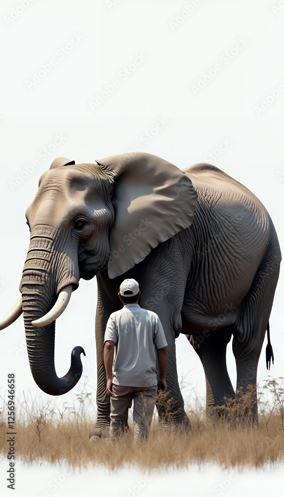 Fototapeta premium A man stands before a large elephant at the grassy location, with the back of the man is to the camera looking at the elephant against a plain white background
