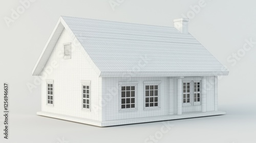 Wallpaper Mural A simple, white, 3D-rendered house model with a sloping roof and multiple windows, set against a plain background. Torontodigital.ca