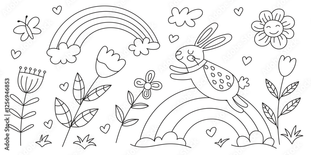 Fototapeta premium Vector drawing of spring landscape, flowering meadow, coloring book, children's drawing, isolated on a white background