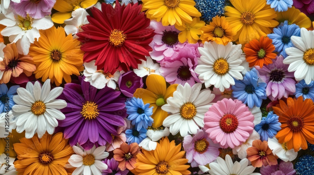 A vibrant arrangement of various colorful flowers creating a cheerful floral display. A vibrant arrangement of various colorful flowers creating a cheerful floral display.