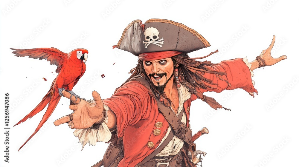 Fototapeta premium Pirate character with a parrot reaching out, set against a white background, showcasing adventure