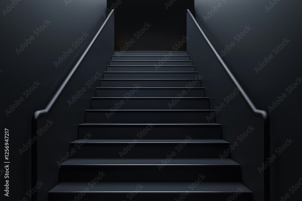 A black staircase with a handrail, a minimalistic dark background, a low angle, a front view, a symmetrical composition, soft lighting, and hyperrealism. A black staircase with a handrail, a minimalistic dark background, a low angle, a front view, a symmetrical composition, soft lighting, and hyperrealism.