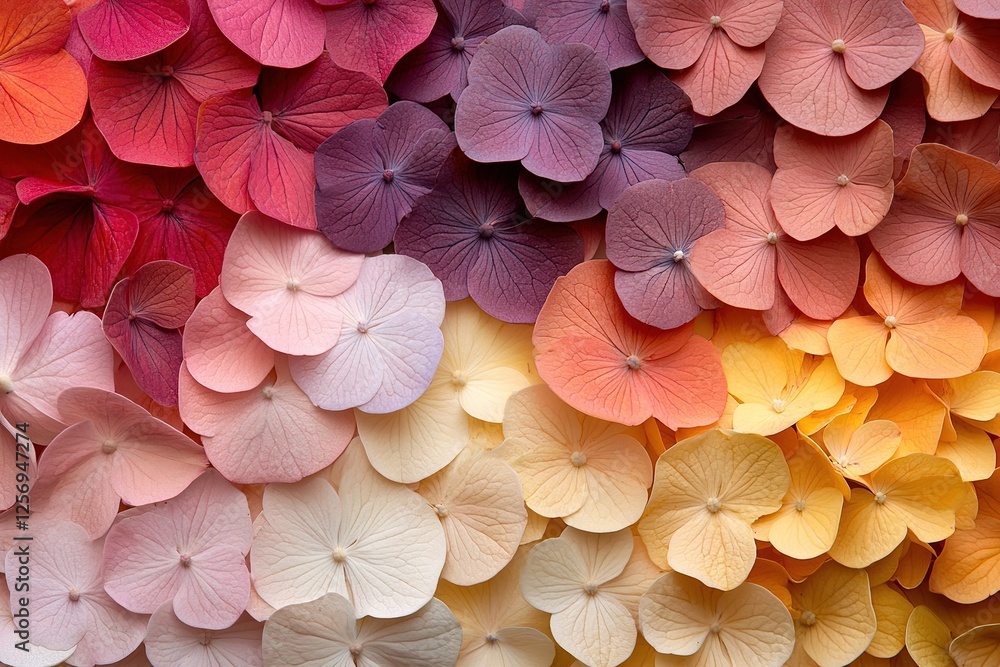 Obraz premium Hydrangea Petals: A Spectrum of Colors in Delicate Floral Arrangement, Showcasing Nature's Beauty Vividly