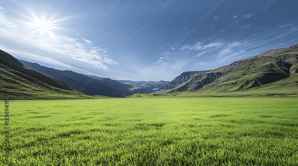Obraz premium Lush Green Valley Under Bright Sunlight with Majestic Mountains in the Background