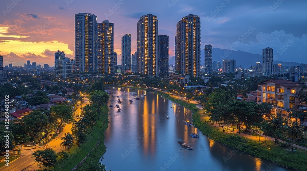 Obraz premium Cityscape sunset, river reflections, buildings, twilight