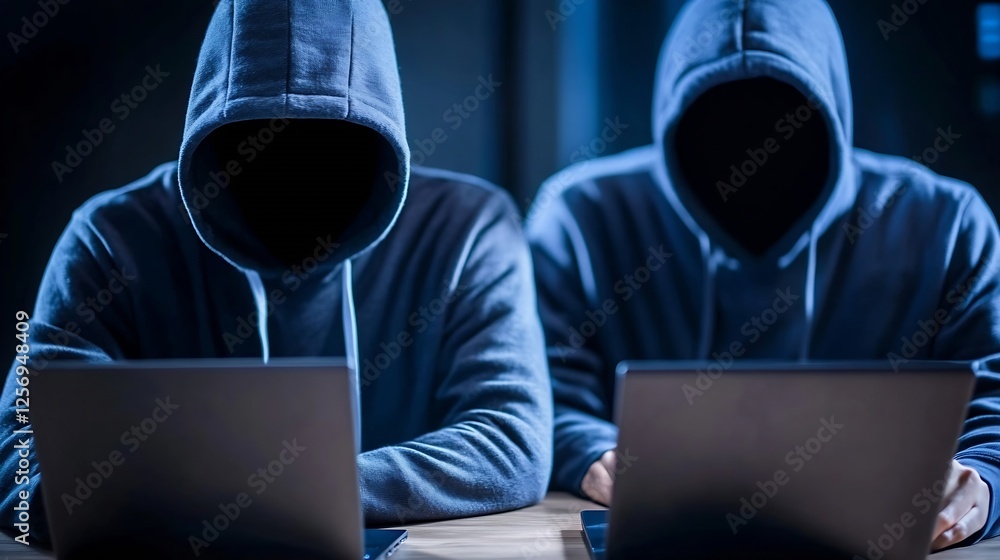 Silhouetted hackers in hoodies working on laptops representing the concept of cybercrime and digital threats : Generative AI Silhouetted hackers in hoodies working on laptops representing the concept of cybercrime and digital threats : Generative AI