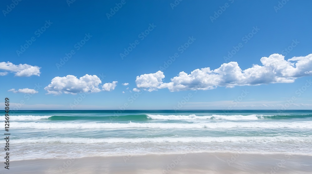 Obraz premium Tranquil Beach Scene with Gentle Waves Lapping at the Shore Under a Bright Blue Sky with Fluffy Clouds : Generative AI