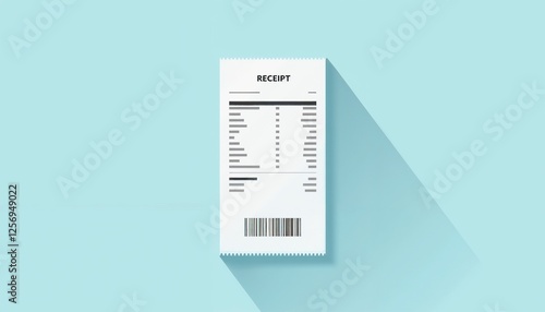 Minimalist infographic style, flat illustration of a printed receipt with barcode and itemized list, copy space