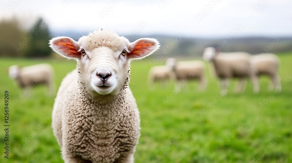 CloseUp of a Sheep Gazing Curiously Amidst a Pastoral Landscape of Green Fields : Generative AI CloseUp of a Sheep Gazing Curiously Amidst a Pastoral Landscape of Green Fields : Generative AI