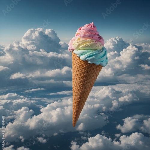 A surreal ice cream cone floating in the clouds.