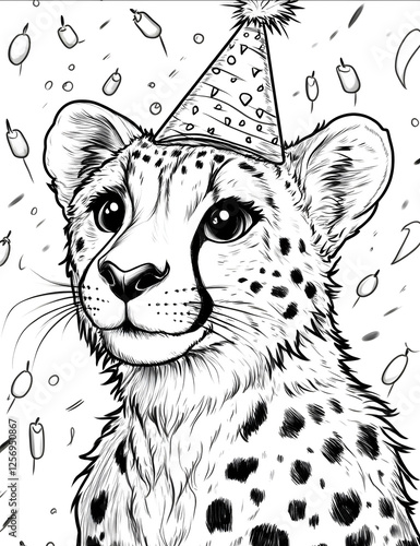 coloring book page for little kids easy to color clipart Cheetah Wearing a Birthday Hat and Blowing a Party Horn A cheetah at a birthday party wearing a party
