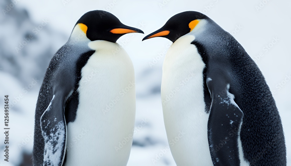 Fototapeta premium Two beautiful penguins with blue-gray outfits under cool snowy lighting. The illustration gives the feeling of winter in a polar area, while the background contains some of the blurry animals