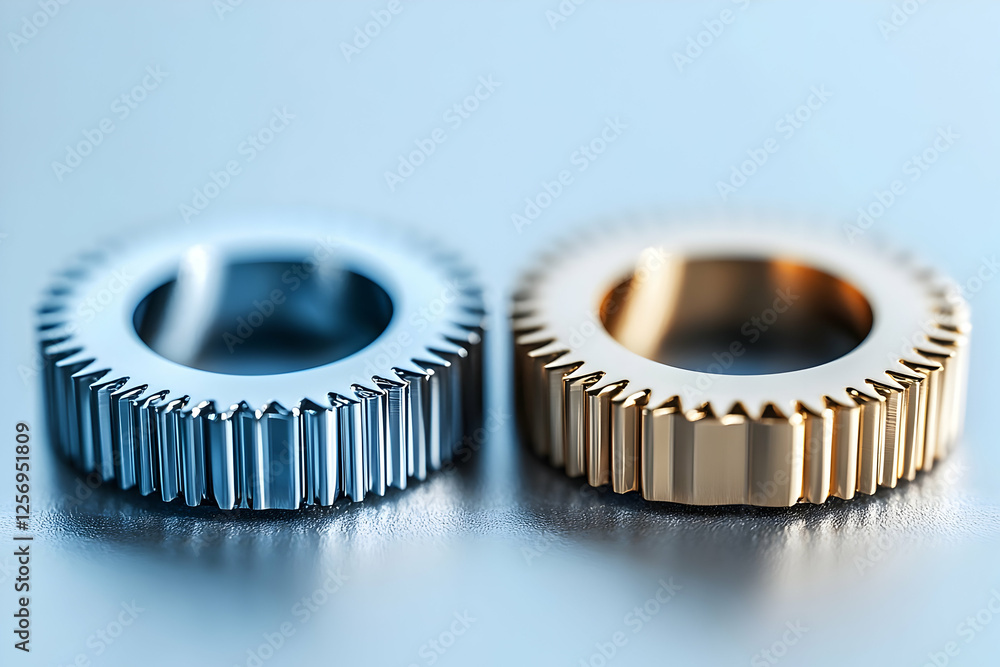 Silver and gold gears on blue surface; teamwork concept Silver and gold gears on blue surface; teamwork concept