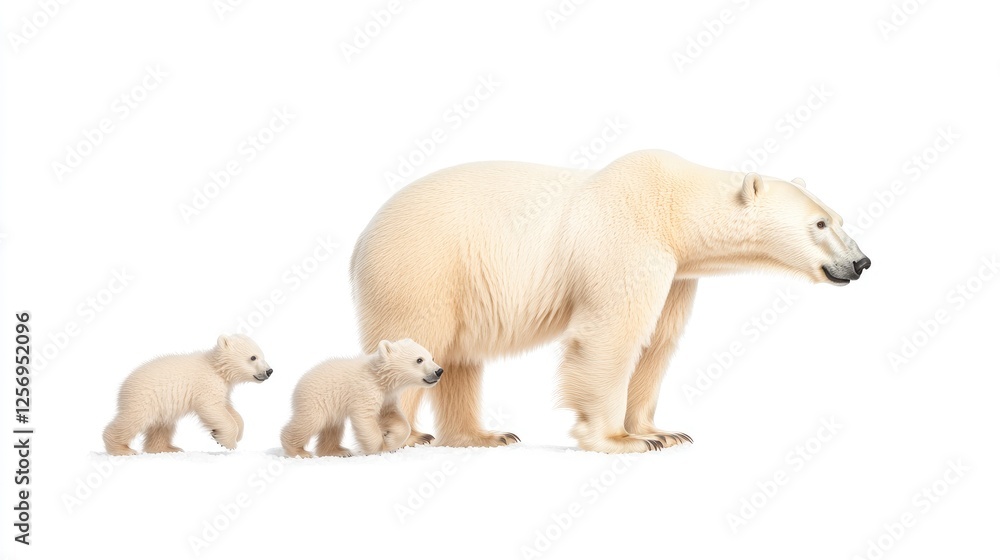 Fototapeta premium A polar bear and her two cubs walking together on a white background, showcasing their natural bond
