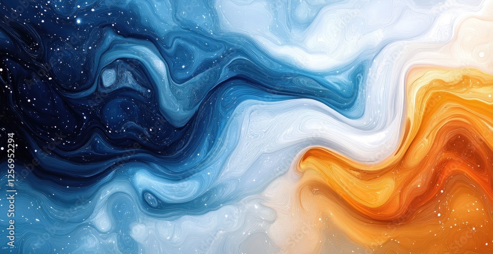 Obraz premium Abstract fluid art showcasing vibrant swirls of blue, white, and orange resembling cosmic waves