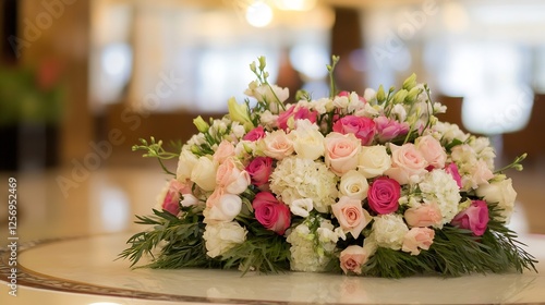 Stunning bouquet of pink and white roses arranged beautifully in a luxurious hotel lobby : Generative AI