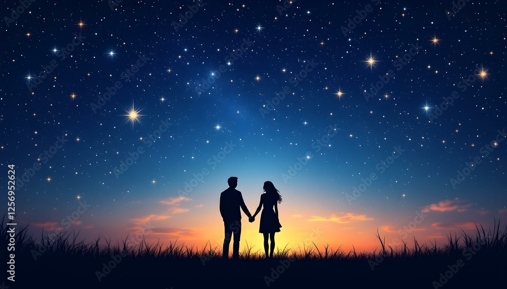 Couple Holding Hands Under Starry Night Sky Sunset Couple Holding Hands Under Starry Night Sky Sunset