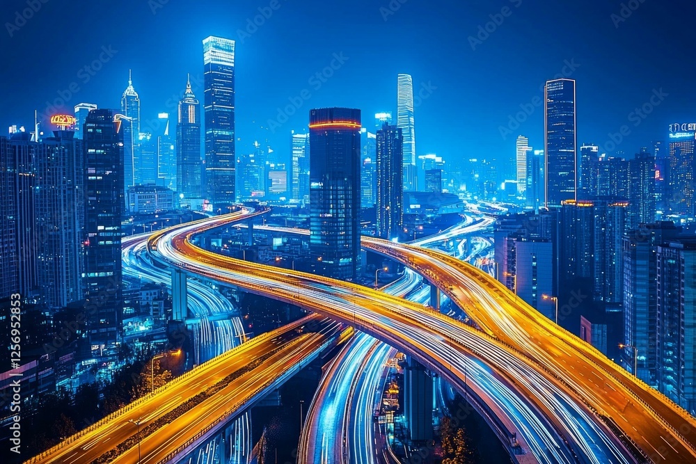 Obraz premium A cityscape at night, illuminated by neon lights and skyscrapers with busy streets below. A futuristic highway winds through the urban landscape, showcasing advanced technology