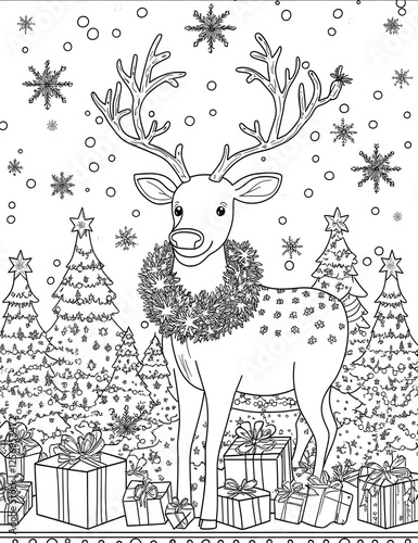 bw Reindeer with a Christmas wreath around its neck surrounded by gifts snowflakes falling gently trees decorated with lights festive and friendly coloring boo