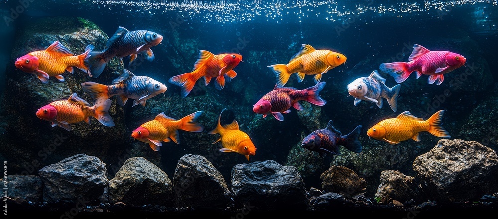 Fototapeta premium Colorful Koi fish swim in aquarium, rocks background, aquatic scene, home decor