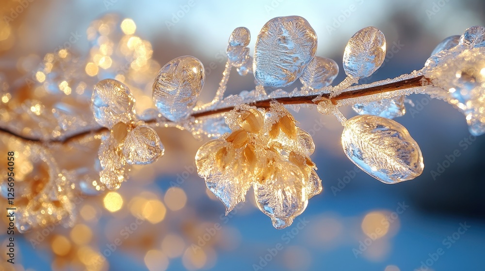Frozen branch, winter sunrise, bokeh background, nature scene, stock photo