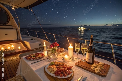 Romantic Yacht Dinner Under the Stars: A luxurious yacht dinner set for two under a breathtaking starry night sky. A romantic setting with candles, champagne, and delicious food.  