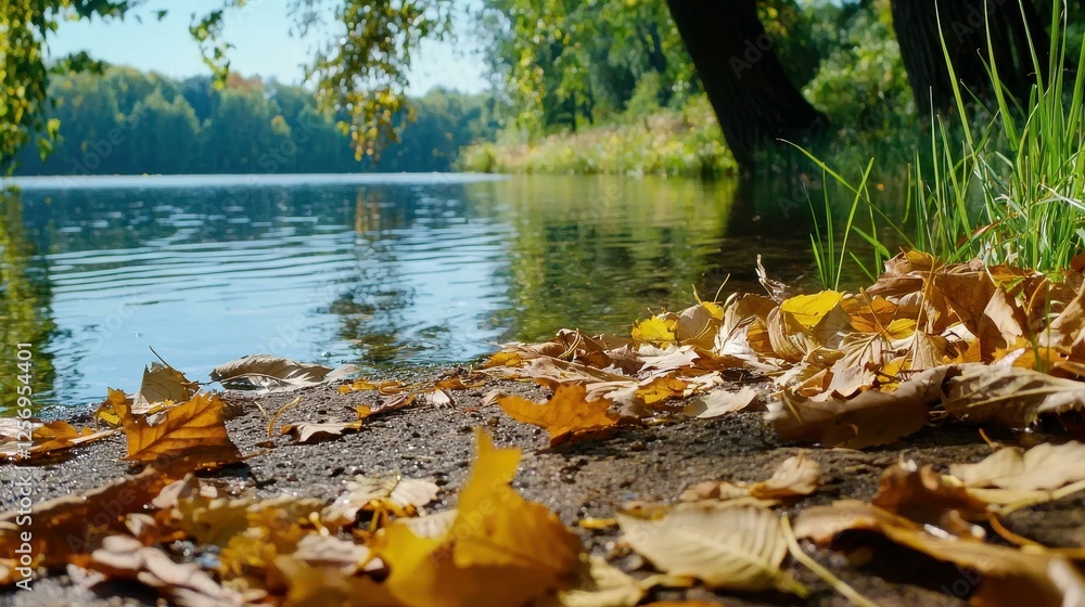 Obraz premium Autumn Leaves by Calm Lake Water