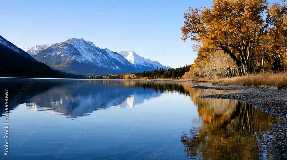 Fototapeta premium Tranquil Mountain Lake Reflected in the Clear Blue Water Surrounded by Autumn Foliage : Generative AI