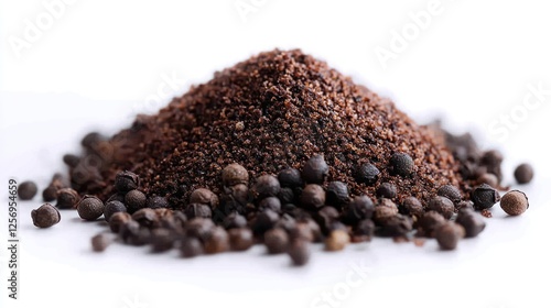 Pile of ground pepper with whole peppercorns on white background photo