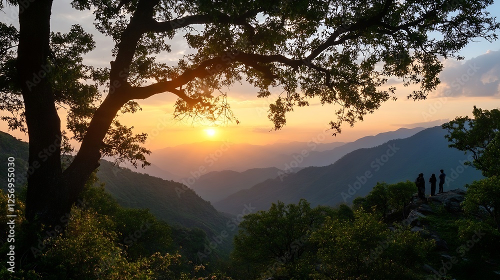 Breathtaking sunset view through trees with silhouettes of people admiring mountainous landscape : Generative AI Breathtaking sunset view through trees with silhouettes of people admiring mountainous landscape : Generative AI