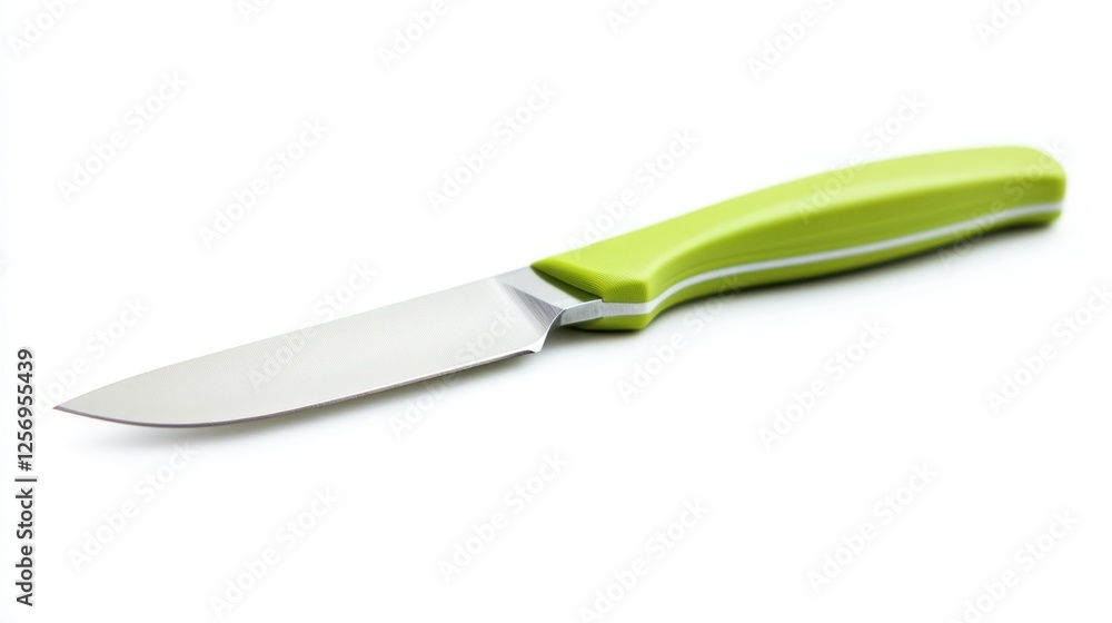 Fototapeta premium Green-handled knife on white background, cooking utensil
