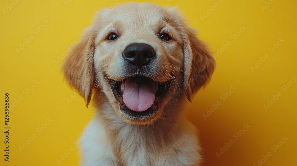 Happy Golden Retriever puppy on yellow. Pet portrait for websites or cards