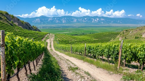 Vineyard Path Serenity Rural Scene Mountain Backdrop Vista